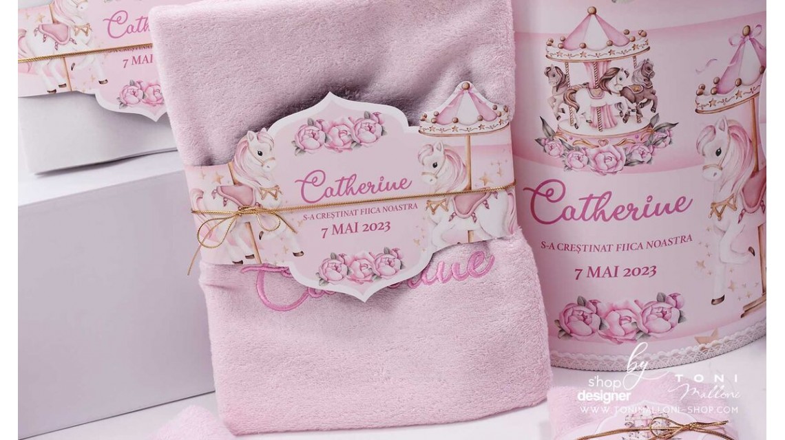 Trusou botez fetita tematic si personalizat cu ponei Pink Carousel 10